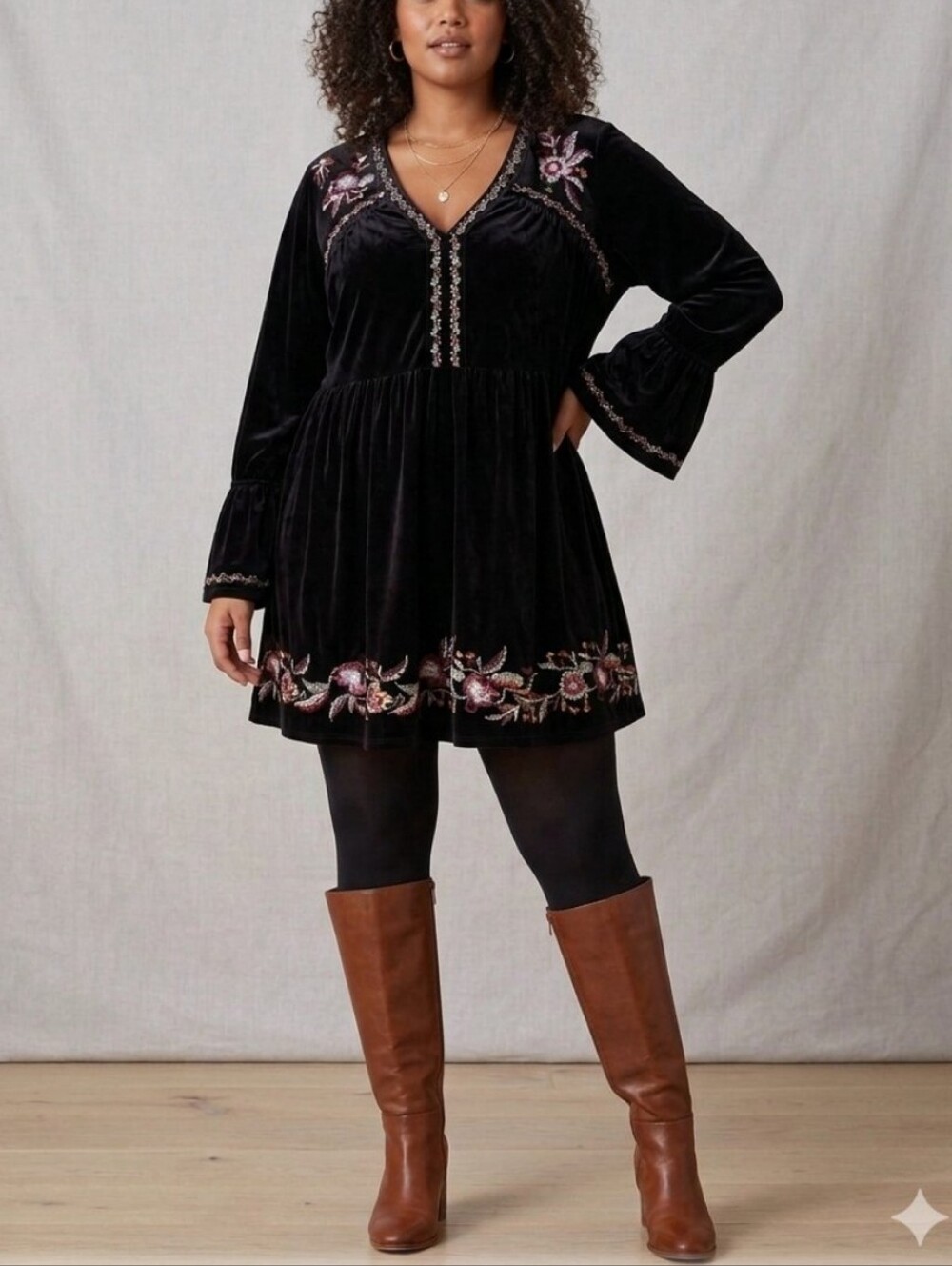 Black Velvet Embroidered Long Sleeve Tunic Dress Whimsigoth Romantic-Goth Boho